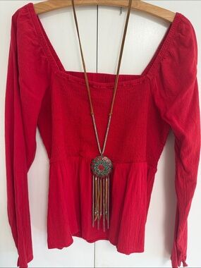 Old Navy Red Long-Sleeve Smocked Peplum Top